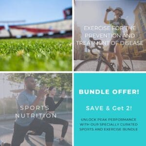 promotion image for sports nutrition and exercise course with people stretching and a woman on a bicycle